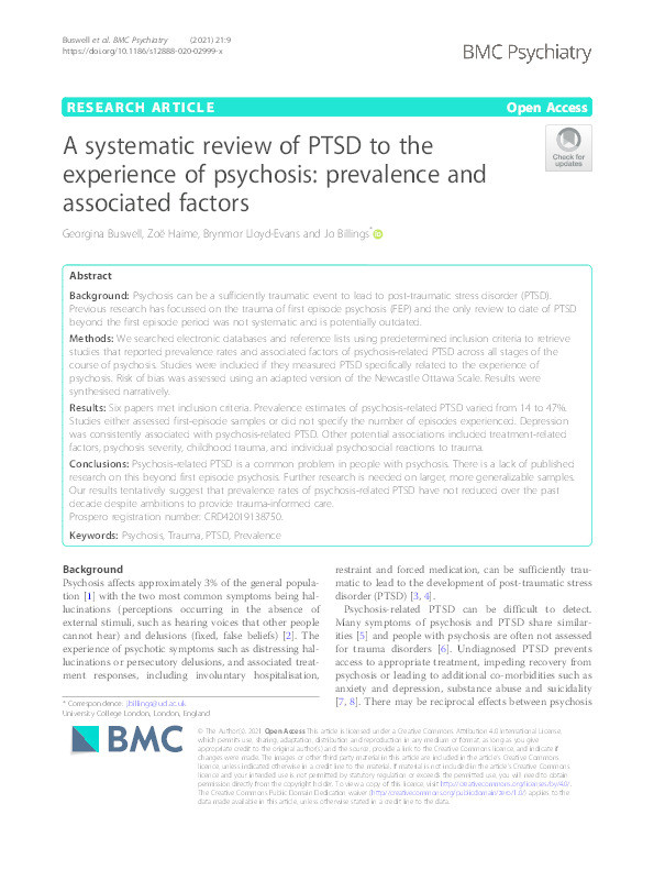 A systematic review of PTSD to the experience of psychosis: Prevalence and associated factors Thumbnail