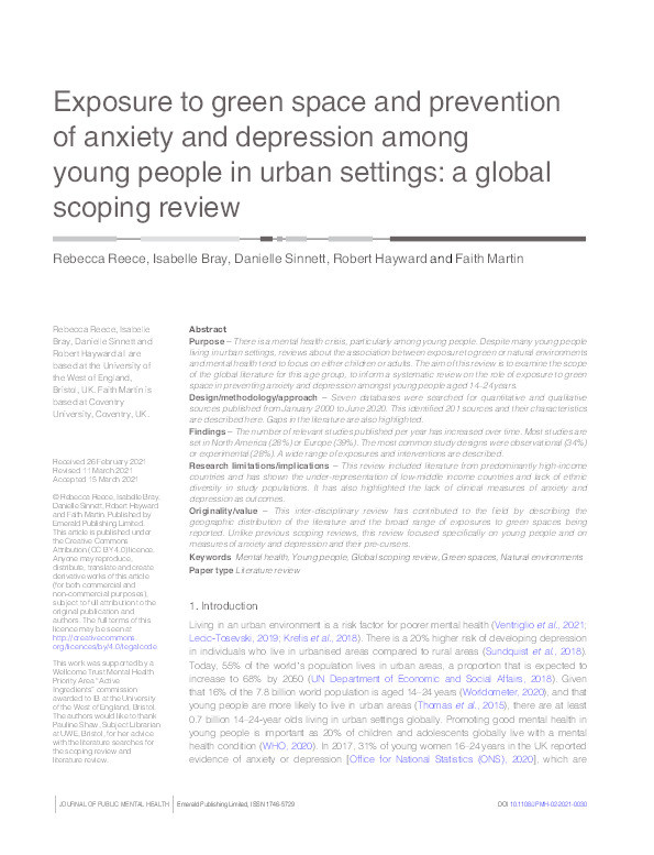Exposure to green space and prevention of anxiety and depression among young people in urban settings: A global scoping review Thumbnail