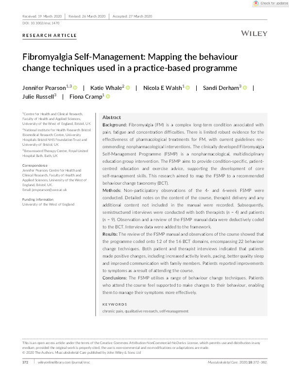 Fibromyalgia self‐management: Mapping the behaviour change techniques used in a practice‐based programme Thumbnail