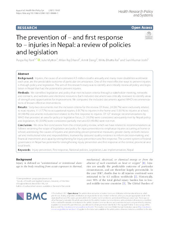 The prevention of‑ and first response to‑ injuries in Nepal: A review of policies and legislation Thumbnail