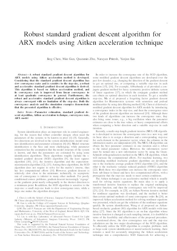 Robust standard gradient descent algorithm for ARX models using Aitken acceleration technique Thumbnail