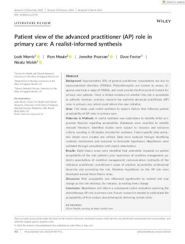 Patient view of the advanced practitioner (AP) role in primary care: A realist-informed synthesis Thumbnail