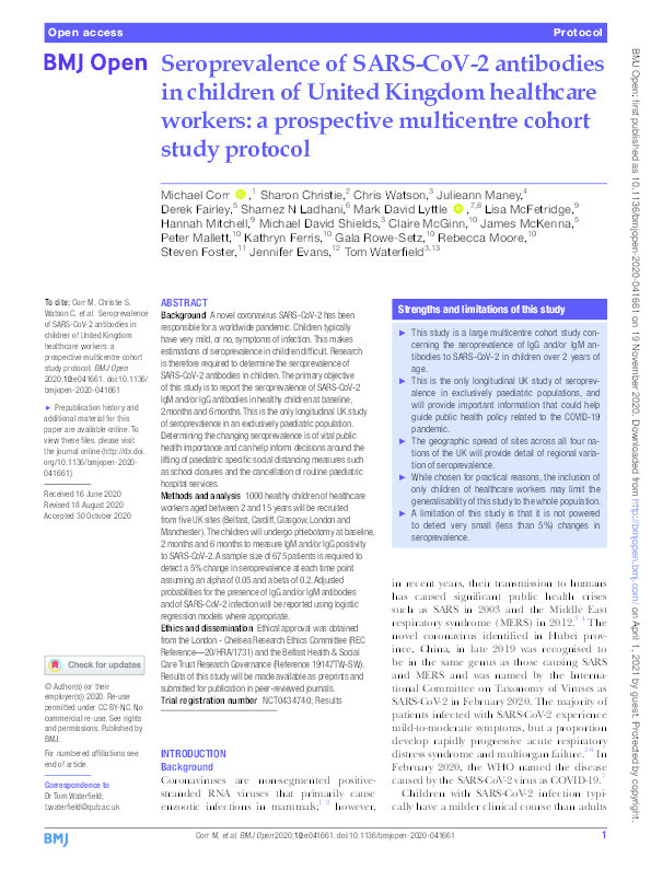 Seroprevalence of SARS-CoV-2 antibodies in children of United Kingdom healthcare workers: A prospective multicentre cohort study protocol Thumbnail
