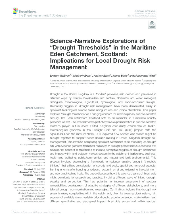 Science-narrative explorations of ‘drought thresholds’ in the maritime Eden catchment, Scotland: Implications for local drought risk management Thumbnail