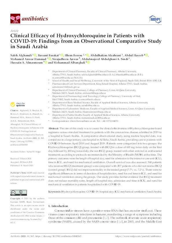 Clinical efficacy of hydroxychloroquine in patients with COVID-19: Findings from an observational comparative study in Saudi Arabia Thumbnail