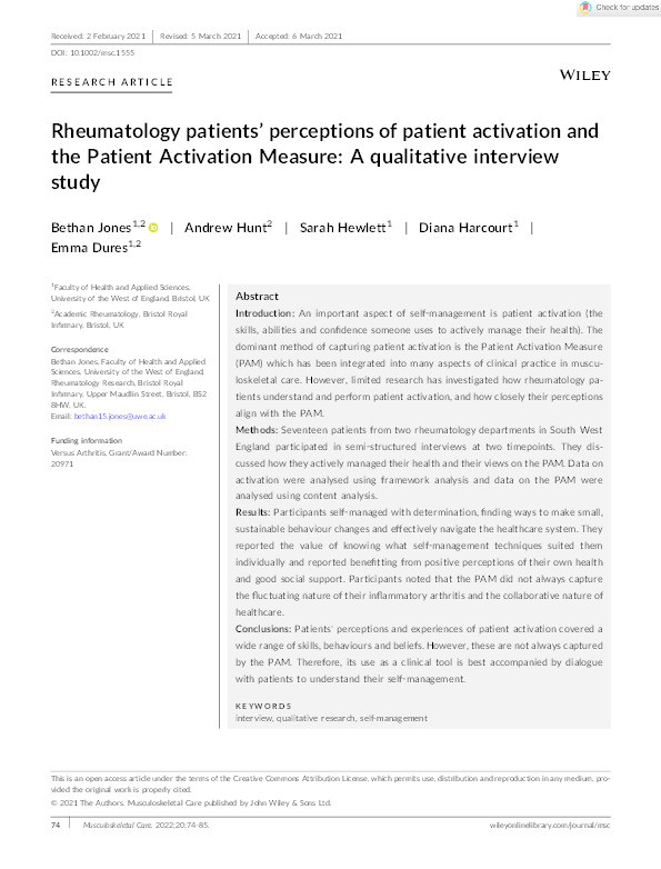 Rheumatology patients’ perceptions of patient activation and the Patient Activation Measure: A qualitative interview study Thumbnail