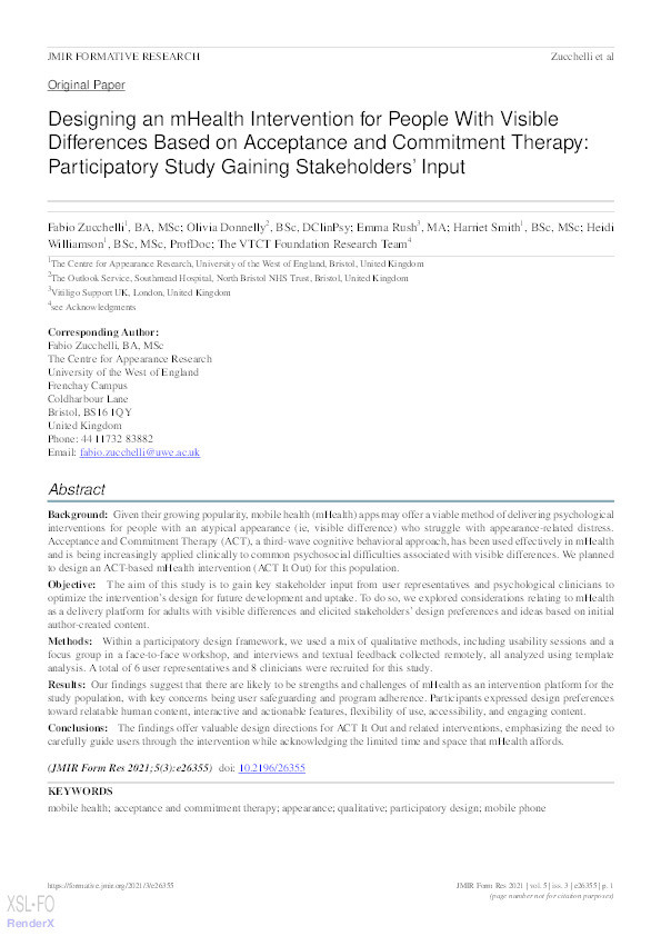 Designing an mHealth intervention for people with visible differences based on acceptance and commitment therapy: Participatory study gaining stakeholders’ input Thumbnail