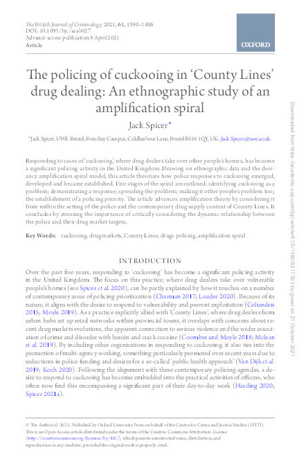 The policing of cuckooing in 'County Lines' drug dealing: An ethnographic study of an amplification spiral Thumbnail