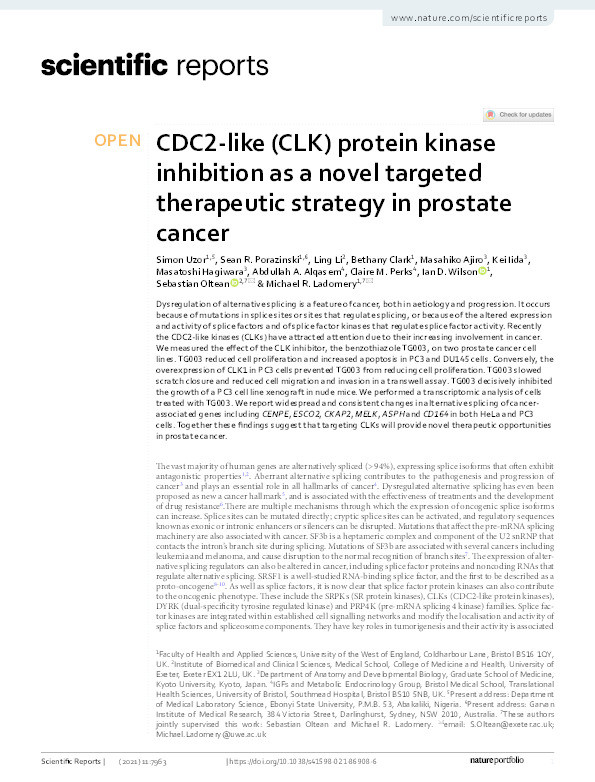 CDC2-like (CLK) protein kinase inhibition as a novel targeted therapeutic strategy in prostate cancer Thumbnail