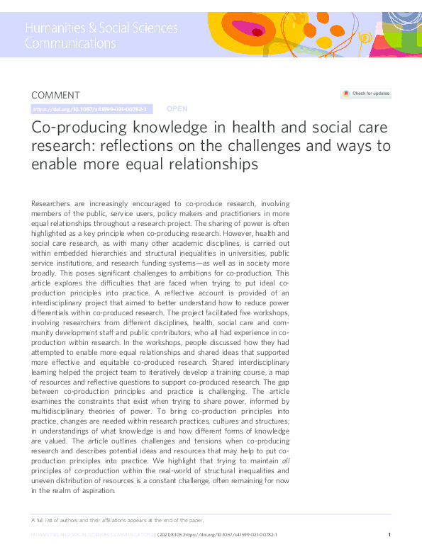 Co-producing knowledge in health and social care research: Reflections on the challenges and ways to enable more equal relationships Thumbnail