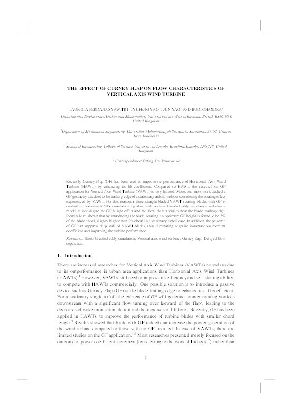 The effect of gurney flap on flow characteristics of vertical axis wind turbine Thumbnail