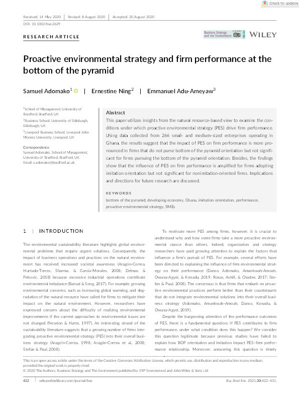 Proactive environmental strategy and firm performance at the bottom of the pyramid Thumbnail