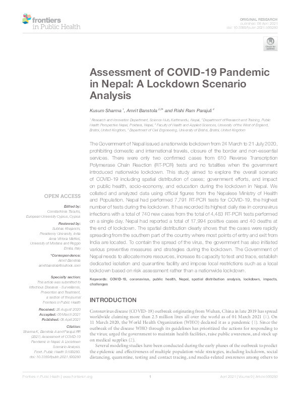 Assessment of COVID-19 pandemic in Nepal: A lockdown scenario analysis Thumbnail