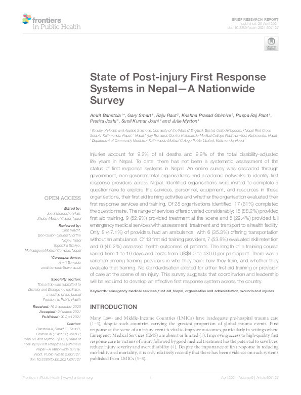 State of post-injury first response systems in Nepal—A nationwide survey Thumbnail