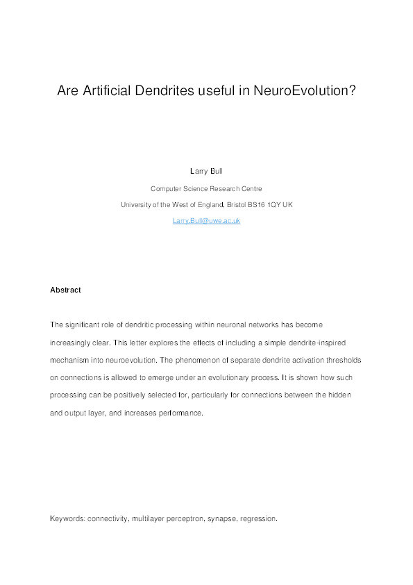 Are artificial dendrites useful in neuro-evolution? Thumbnail