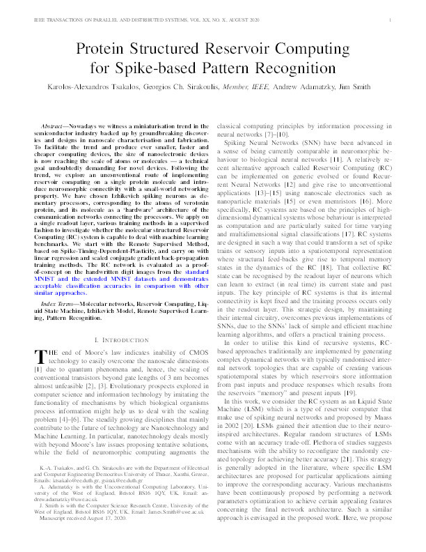 Protein structured reservoir computing for spike-based pattern recognition Thumbnail