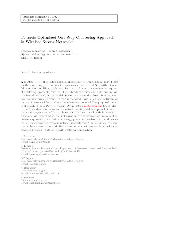 Towards optimized one-step clustering approach in wireless sensor networks Thumbnail