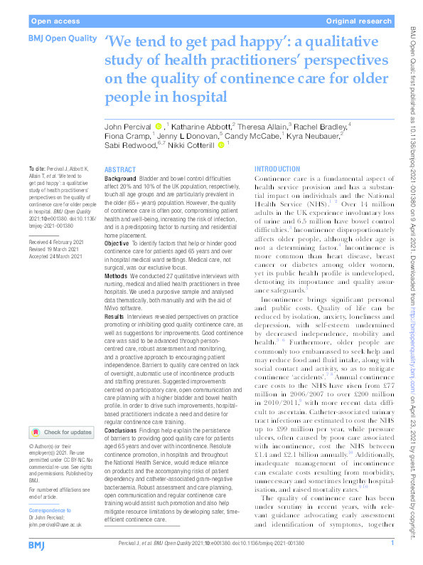 ‘We tend to get pad happy’: A qualitative study of health practitioners’ perspectives on the quality of continence care for older people in hospital Thumbnail