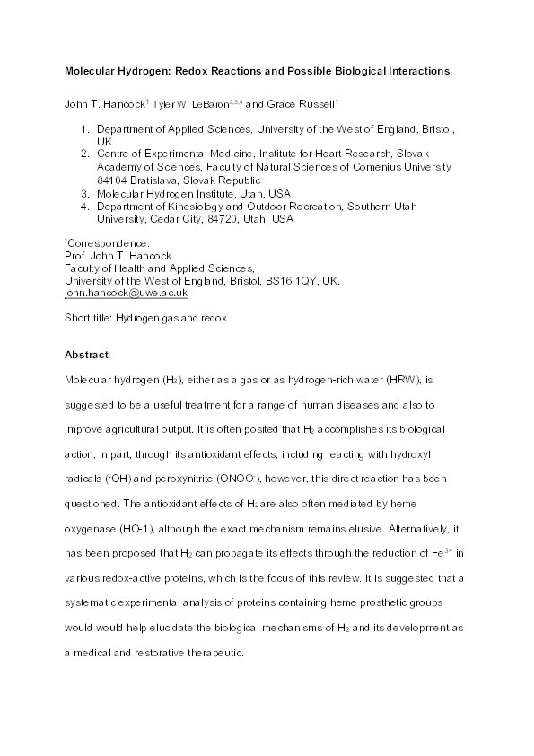 Molecular hydrogen: Redox reactions and possible biological interactions Thumbnail