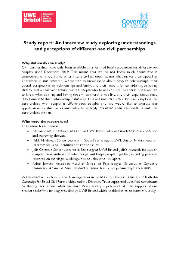 Study report: An interview study exploring understandings and perceptions of different-sex civil partnerships Thumbnail