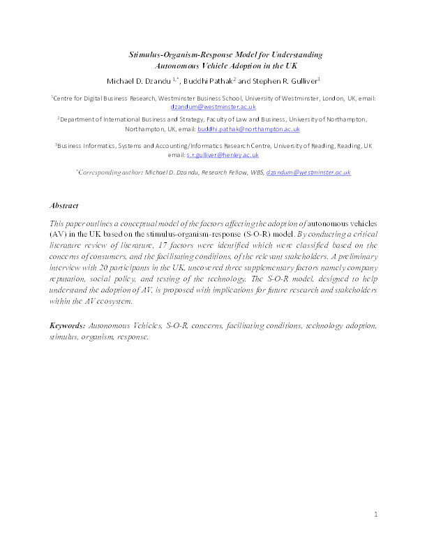 Stimulus-organism-response model for understanding autonomous vehicle adoption in the UK Thumbnail