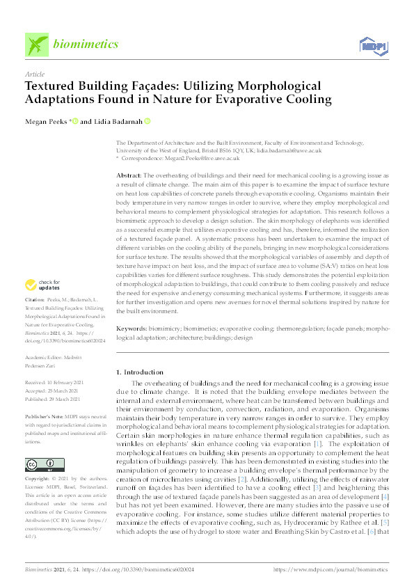 Textured building façades: Utilizing morphological adaptations found in nature for evaporative cooling Thumbnail