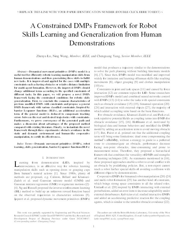 A constrained DMPs framework for robot skills learning and generalization from human demonstrations Thumbnail