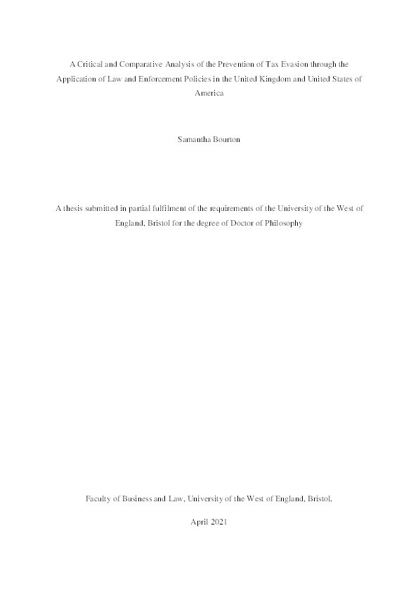 A critical and comparative analysis of the prevention of tax evasion through the application of law and enforcement policies in the United Kingdom and United States of America Thumbnail