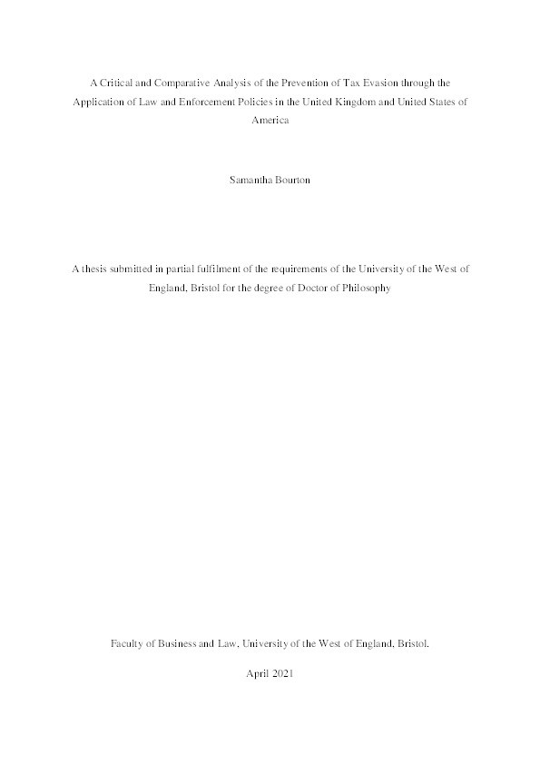 A critical and comparative analysis of the prevention of tax evasion through the application of law and enforcement policies in the United Kingdom and United States of America Thumbnail