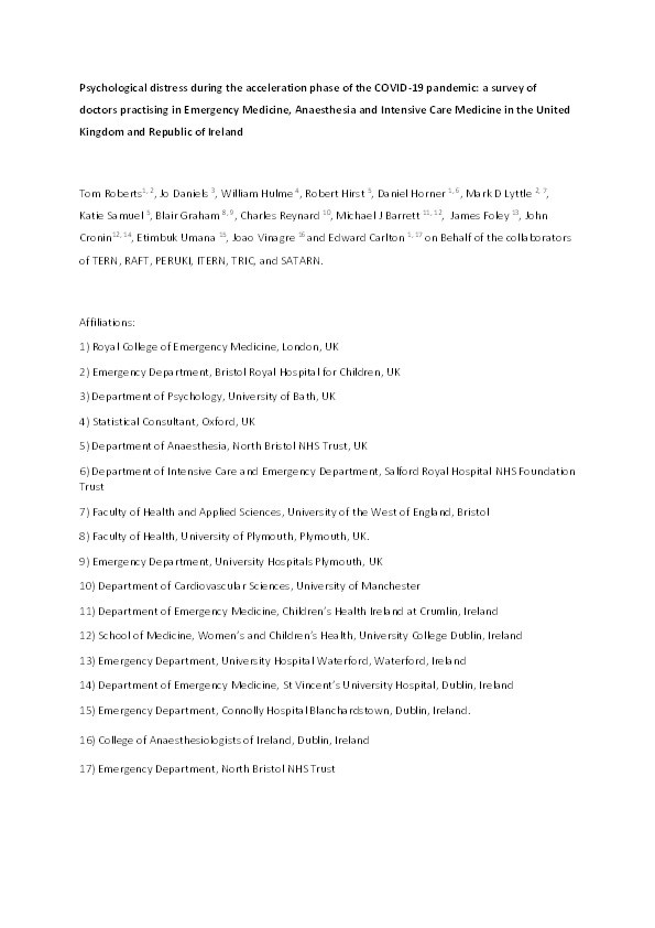 Psychological distress during the acceleration phase of the COVID-19 pandemic: A survey of doctors practising in emergency medicine, anaesthesia and intensive care medicine in the UK and Ireland Thumbnail