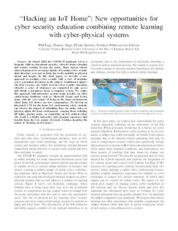 "Hacking an IoT Home": New opportunities for cyber security education combining remote learning with cyber-physical systems Thumbnail