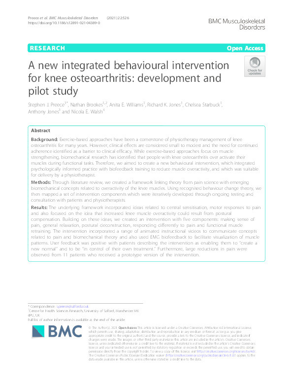 A new integrated behavioural intervention for knee osteoarthritis: Development and pilot study Thumbnail