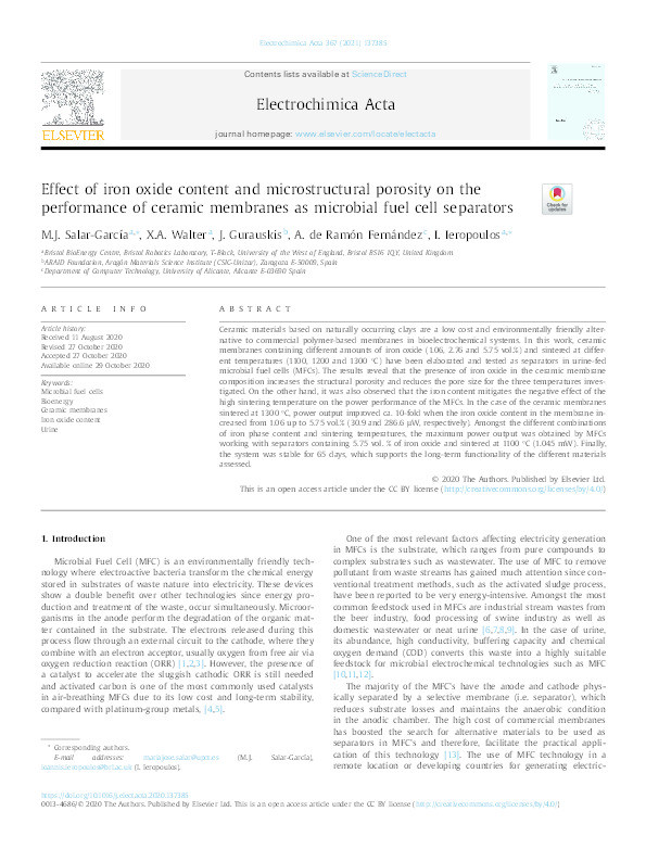 Effect of iron oxide content and microstructural porosity on the performance of ceramic membranes as microbial fuel cell separators Thumbnail