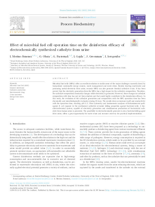 Effect of microbial fuel cell operation time on the disinfection efficacy of electrochemically synthesised catholyte from urine Thumbnail