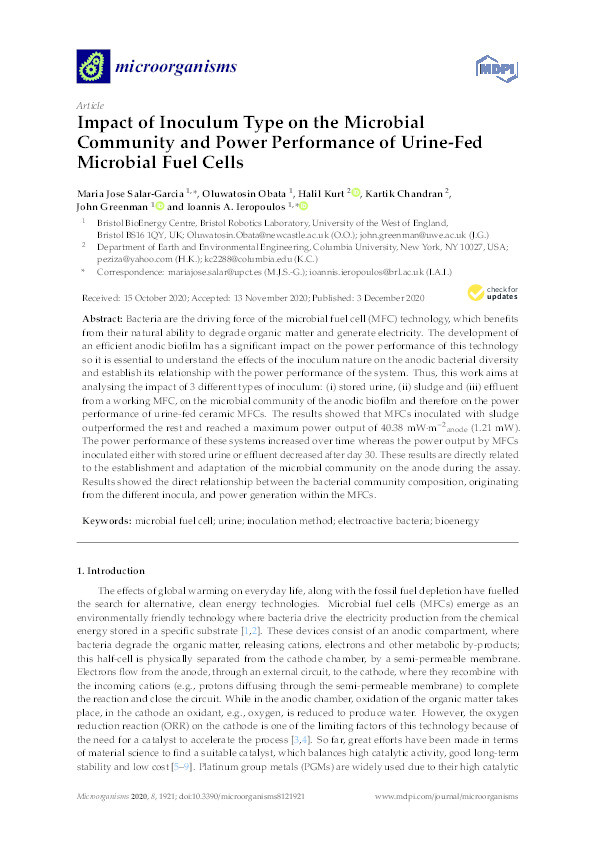Impact of inoculum type on the microbial community and power performance of urine-fed microbial fuel cells Thumbnail