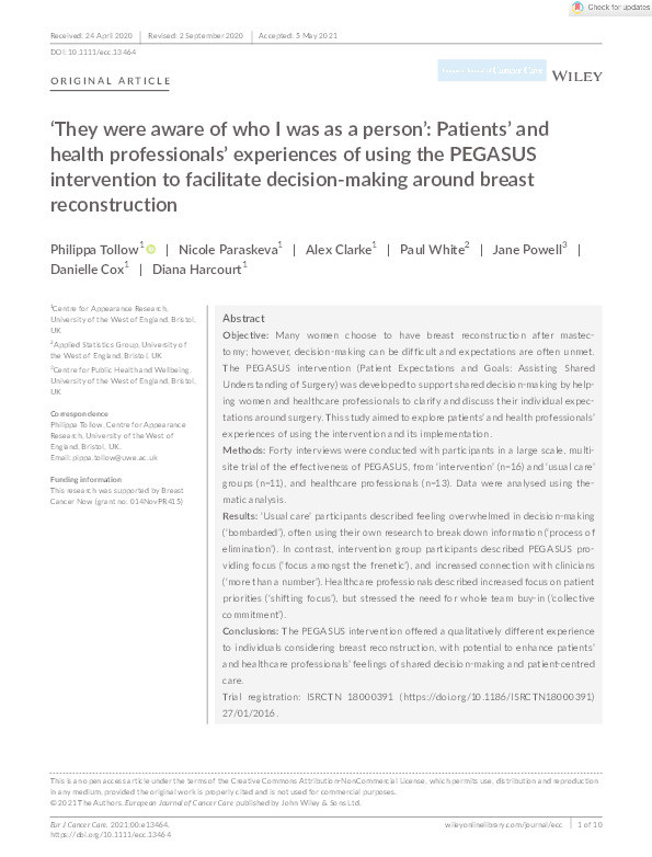 “They were aware of who I was as a person”: Patients’ and health professionals’ experiences of using the PEGASUS intervention to facilitate decision-making around breast reconstruction Thumbnail