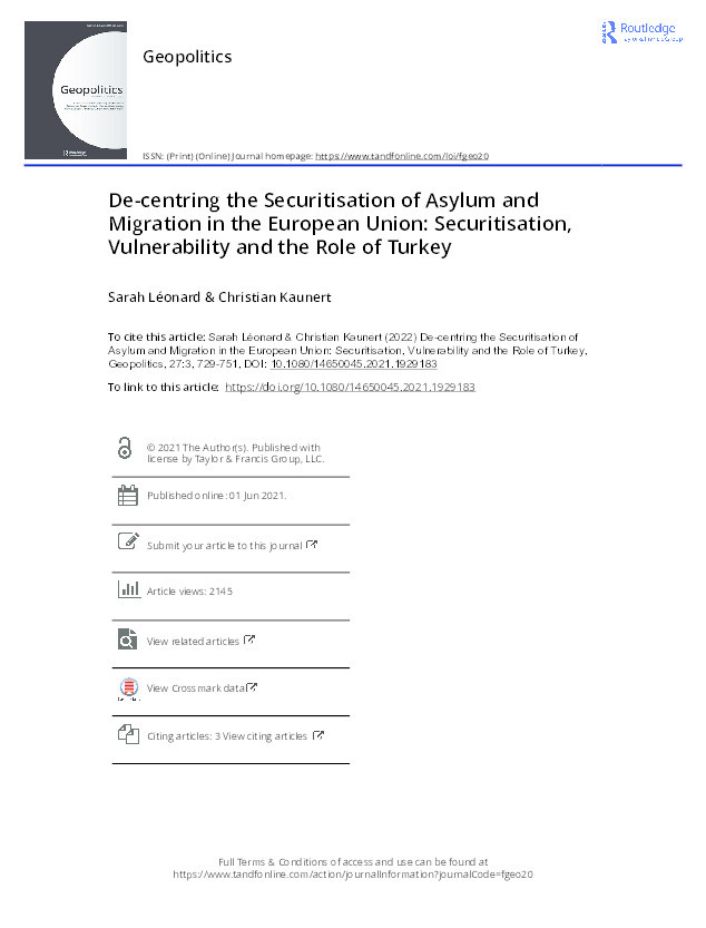 De-centring the securitization of asylum and migration in the European Union: Securitization, vulnerability and the role of Turkey Thumbnail