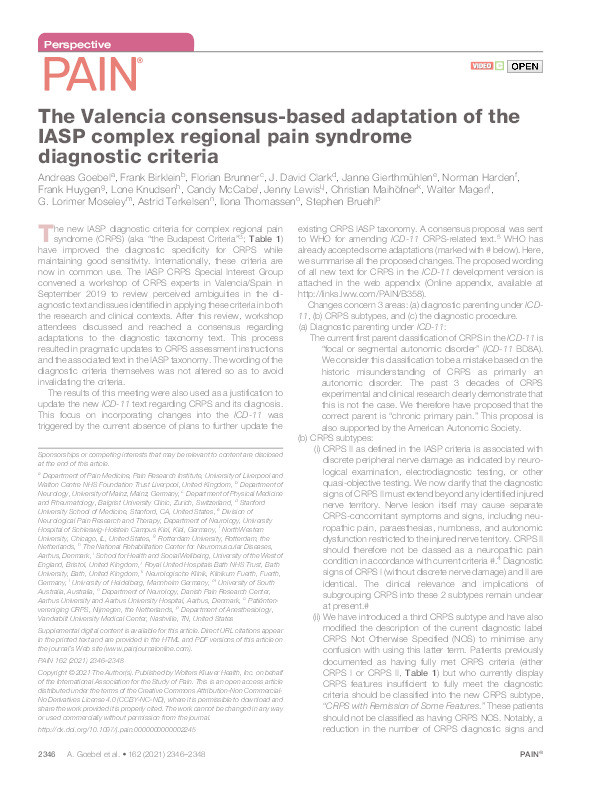 The Valencia consensus-based adaptation of the IASP complex regional pain syndrome diagnostic criteria Thumbnail