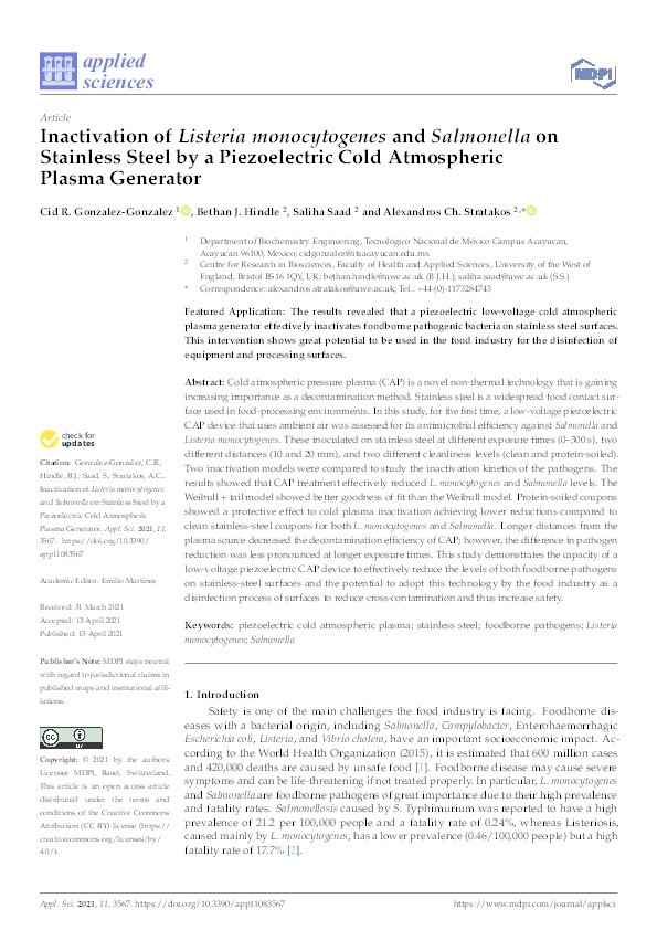 Inactivation of Listeria monocytogenes and Salmonella on stainless steel by a piezoelectric cold atmospheric plasma generator Thumbnail