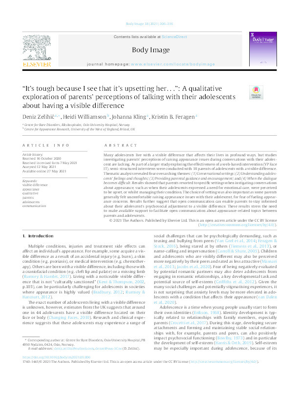 “It's tough because I see that it's upsetting her…”: A qualitative exploration of parents’ perceptions of talking with their adolescents about having a visible difference Thumbnail