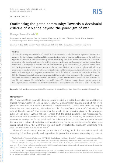 Confronting the gated community: Towards a decolonial critique of violence beyond the paradigm of war Thumbnail
