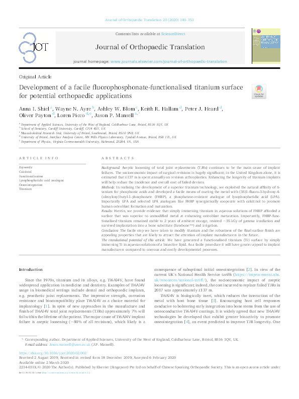 Development of a facile fluorophosphonate-functionalised titanium surface for potential orthopaedic applications Thumbnail