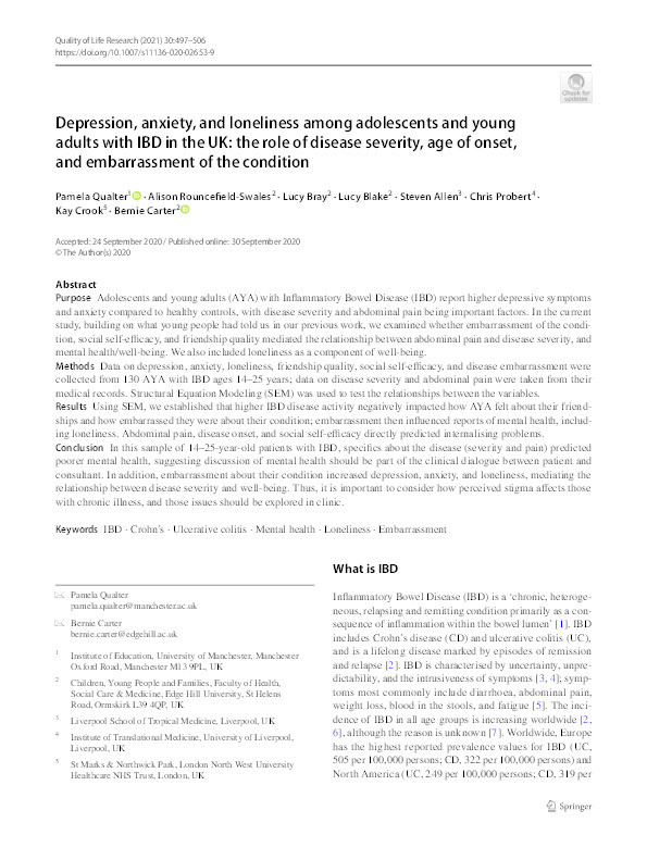 Depression, anxiety, and loneliness among adolescents and young adults with IBD in the UK: The role of disease severity, age of onset, and embarrassment of the condition Thumbnail