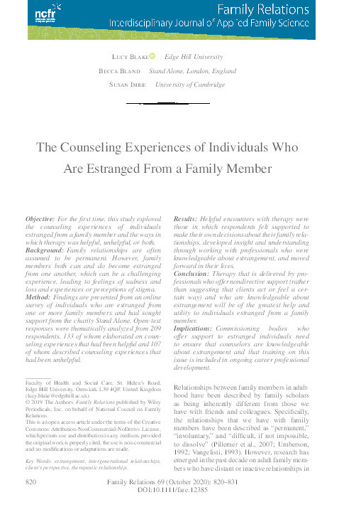 The counseling experiences of individuals who are estranged from a family member Thumbnail