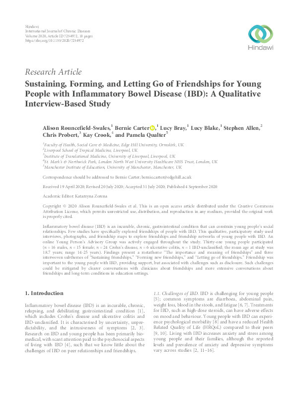 Sustaining, forming, and letting go of friendships for young people with Inflammatory Bowel Disease (IBD): A qualitative interview-based study Thumbnail