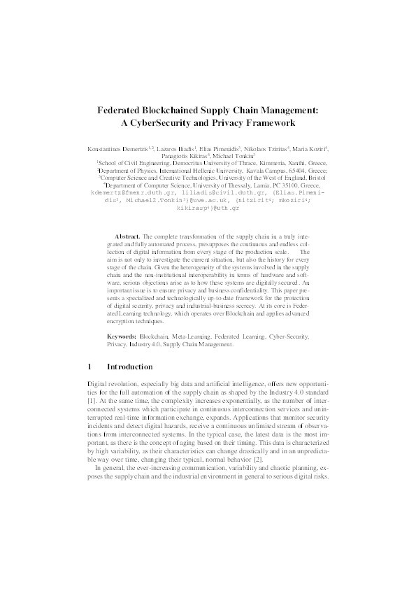 Federated blockchained supply chain management: A cybersecurity and privacy framework Thumbnail