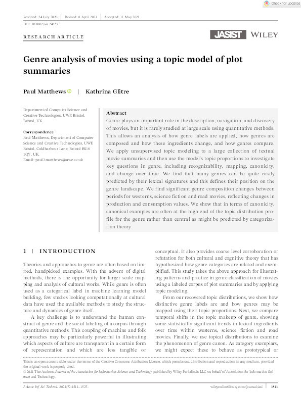 Genre analysis of movies using a topic model of plot summaries Thumbnail