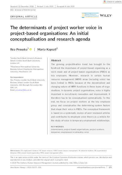 The determinants of project worker voice in project‐based organisations: An initial conceptualisation and research agenda Thumbnail