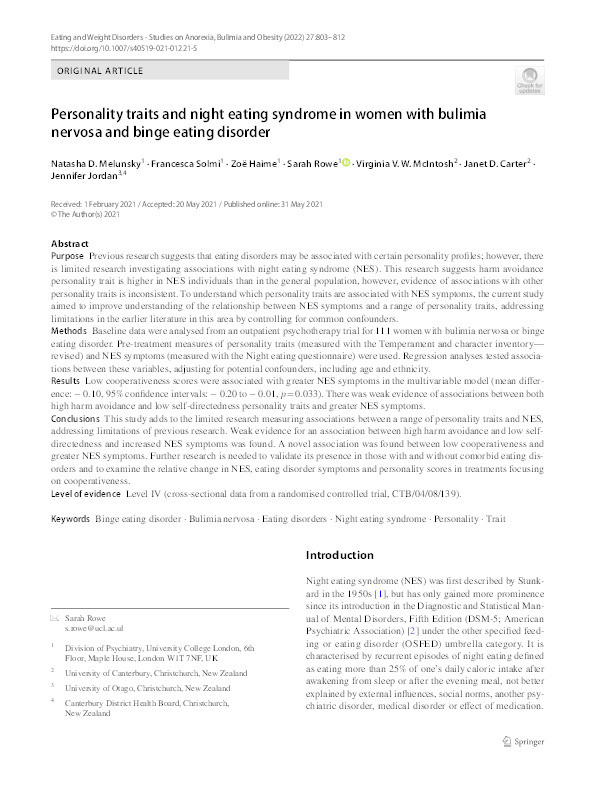 Personality traits and night eating syndrome in women with bulimia nervosa and binge eating disorder Thumbnail