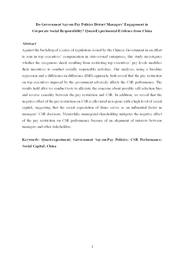 Do government say-on-pay policies distort managers’ engagement in corporate social responsibility? Quasi-experimental evidence from China Thumbnail